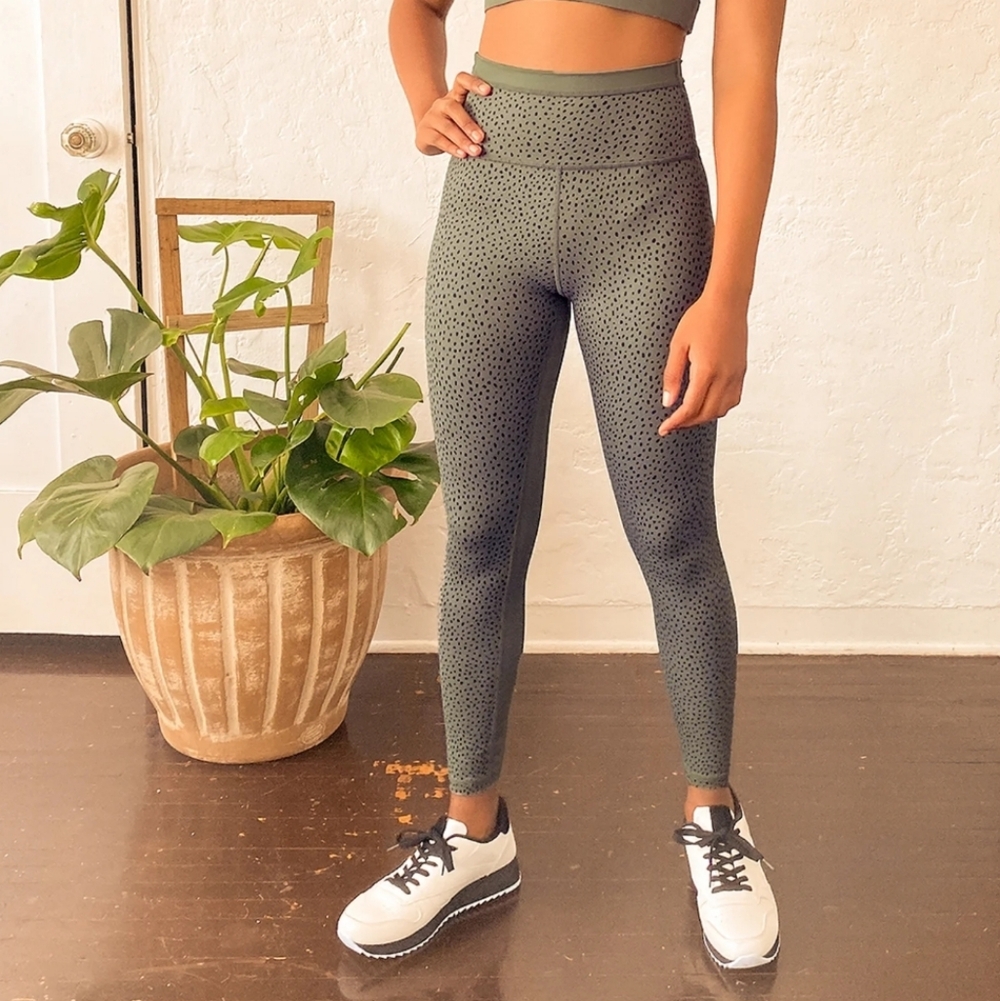SALE Allfenix Montana Olive Green Gray Polka Dot Print High Impact Leggings MD